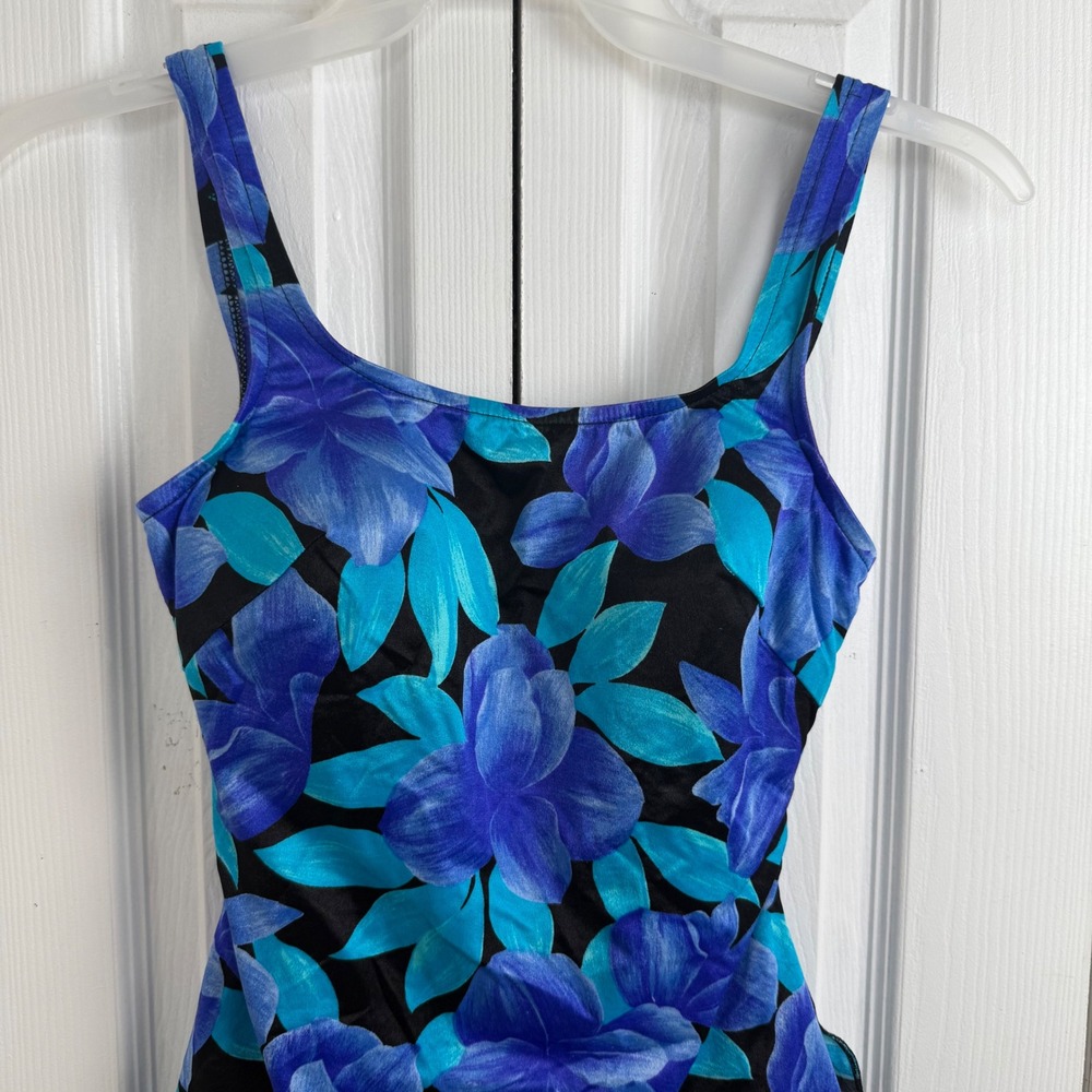 Maxine of Hollywood Floral One Piece Swimsuit 14 Blue Retro Tropical Swim - Picture 2 of 8